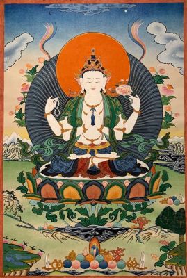 The Bodhisattva Avalokiteshvara Holding a Lotus Painting: An Exquisite Depiction of Compassion and Benevolence